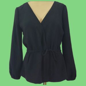 J. Crew Black Faux Wrap Long Sleeve Top 2 Office Siren Quiet Luxury Sophistcated